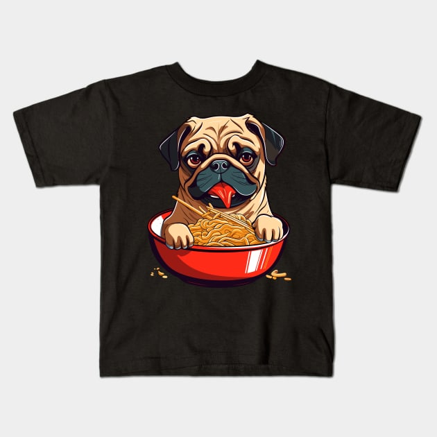 Pug Eating Ramen Kids T-Shirt by VisionDesigner